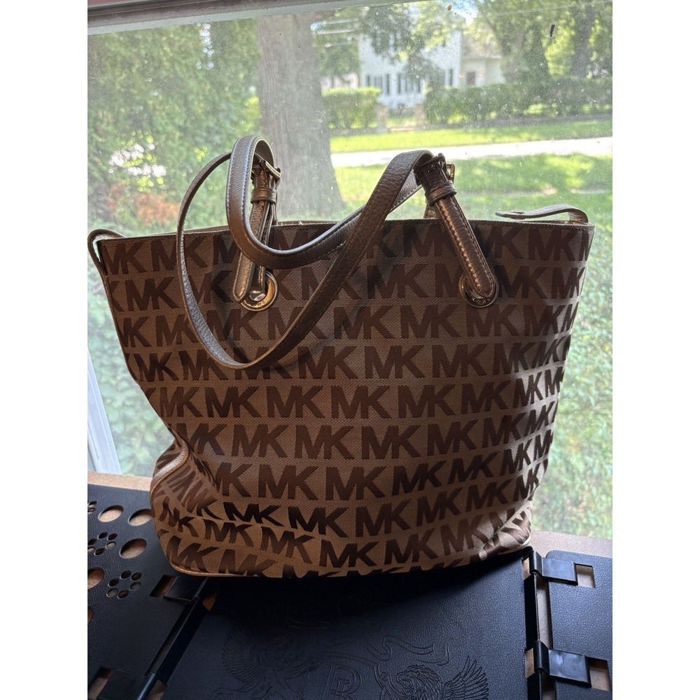 Michael Kors MK Signature Brown Jacquard Tote Shoulder Bag Leather Trim - Picture 2 of 8